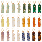 24Pcs 12 Styles Natural & Synthetic Mixed Gemstone Copper Wire Wrapped Pendants, Column Charms, Light Gold, Mixed Dyed and Undyed, 20x4~5mm, Hole: 3mm, 2pcs/color
