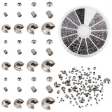 Brass & Iron Crimp Beads and Crimp Bead Covers Set, Gunmetal, Crimp Beads: 1.5~3x1.5~3mm, Hole: 1~2.5mm, Bead Cover: 3~5mm, Hole: 1.2~1.8mm, about 1500pcs/box