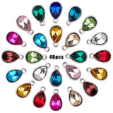 Alloy Glass Charms, Faceted, Teardrop, Platinum, Mixed Color, 14.5x9x5mm, Hole: 1.5mm, 12 colors, 4pcs/color, 48pcs/box