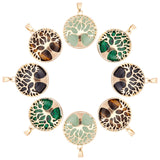 8Pcs 4 Style Natural Green Aventurine & Tiger Eye, Synthetic Malachite & Blue Goldstone Pendants, with Brass Findings, Flat Round with Tree of Life, Golden, 30.5x27x8mm, Hole: 7x3mm, 2pcs/style