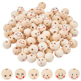 90Pcs 6 Styles Printed Wood European Beads, Large Hole Round Bead with Smiling Face Pattern, Undyed, BurlyWood, 20x17.5~18mm, Hole: 4.5~5mm, 15pcs/style