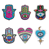 6Pcs 6 Style Hamsa Hand/Heart with Evil Eye Computerized Embroidery Cloth Iron on Sequins Patches, Stick On Patch, Costume Accessories, Appliques, Mixed Color, 207~232x158~230x1~1.5mm, 1pc/style