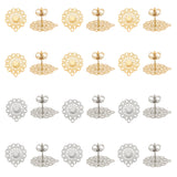 304 Stainless Steel Stud Earring Findings, with Loop, Flower, Golden & Stainless Steel Color, 16x14mm, Hole: 1mm, Pin: 0.7mm, 24pcs/box