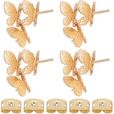 10Pcs Brass Stud Earring Findings, with Vertical Loops, Butterfly, with 10Pcs Ear Nuts, Real 18K Gold Plated, 13.5x12mm, Hole: 1mm, Pin: 0.8mm