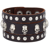 Cowhide Leather Wide Cord Bracelet, Antique Silver Iron Skull Studed Rivets Punk Rock Wristband for Men, Coconut Brown, 9-1/8 inch(23.2cm)