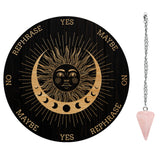 1Pc Wood Pendulum Board, 1Pc 304 Stainless Steel Cable Chain Necklaces, 1Pc Natural Rose Quartz Stone Pendants, for Witchcraft Wiccan Altar Supplies, Sun Pattern, Board: 200x4mm