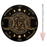 1Pc Wood Pendulum Board, 1Pc 304 Stainless Steel Cable Chain Necklaces, 1Pc Natural Rose Quartz Stone Pendants, for Witchcraft Wiccan Altar Supplies, Moon Phase Pattern, Board: 200x4mm