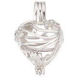 1Pc Rhodium Plated 925 Sterling Silver Empty Bead Cage Pendants, with Clear Cubic Zirconia, Heart, 21x15x10mm, Hole: 4.5x2.5mm, Inner Diameter: 10.5x13mm