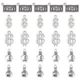 80Pcs 5 Style Tibetan Style Zinc Alloy Pendants, Money Shapes, Antique Silver, 10.5~21x8.5~13x1~4mm, Hole: 1.5~1.8mm, 16pcs/style