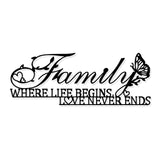 Iron Wall Decoration, with 3 Screws, Word Family WHERE LIFE BEGINS LOVE NEVER ENDS , Butterfly Pattern, 112x300mm