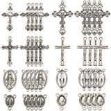 DIY Rosary Bead Style Jewelry Making Findings Kit, Including Tibetan Style Alloy Oval Chandelier Component Links & Cross Pendants, Antique Silver, 15~43.5x10.5~26x1.8~3mm, Hole: 1~2mm, 80Pcs/box