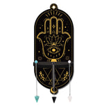DIY Oval Poplar Wood Wall Display Stand Decorations, with Natural Black Stone & Synthetic Turquoise & Glass Dowsing Pendulum Pendants and Iron Screw, Hamsa Hand Pattern