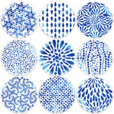 Composite Wood Board Cup Mats Set, Nordic Style Teardrop Pattern Printed Coasters, Flat Round, Royal Blue, 100x5mm, 1pc/style, 9 style, 9pcs/set