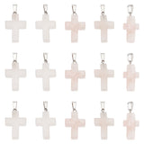 16Pcs Religion Natural Rose Quartz Pendants, Cross Charm, with Stainless Steel Findings, Stainless Steel Color, 29~30x18~19x5~6mm, Hole: 6x4mm