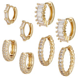 4 Pairs 4 Style Clear Cubic Zirconia Rectangle Hoop Earrings, Brass Jewelry for Women, Real 18K Gold Plated, 12~17x12.5~18x2~5.5mm, Pin: 0.8~0.9mm, 1 Pair/style