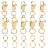 Rack Plating Brass Lobster Claw Clasps, with Brass & 304 Stainless Steel Open Jump Rings, Real 18K Gold Plated, Clasps: 8~10x4~5mm, 6pcs; Jump Rings: 6~7x0.7~1mm, 12pcs