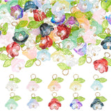 60Pcs 10 Color Glass Flower Pendants, with Acrylic Leaf and Brass Findings, Mixed Color, 17mm, Hole: 3.5mm, 6Pcs/color