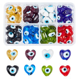 Handmade Evil Eye Lampwork Beads, Heart, Mixed Color, 13~15x15x9mm, Hole: 2mm, 8 colors, 8pcs/color, 64pcs/box