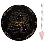 1Pc Cone/Spike/Pendulum Natural Rose Quartz Stone Pendants, 1Pc 304 Stainless Steel Cable Chain Necklaces, 1Pc PVC Custom Pendulum Board, Dowsing Divination Board, Eye Pattern, Board: 200x4mm