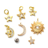 14Pcs 7 Style Brass Micro Pave Cubic Zirconia Charms, Star & Moon & Sun, Real 18K Gold Plated, 2pcs/style