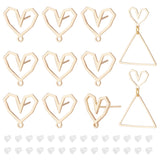 6 Pairs Brass Stud Earring Finding, Hollow Out Heart Stud Earring Post, with Horizontal Loops & Sterling Silver Pins, Golden, 13x12.5mm, Hole: 1mm, Pin: 0.7mm