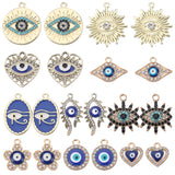 40Pcs 10 Styles Alloy Crystal Rhinestone Pendants, with Enamel Evil Eye, Heart & Flat Round & Flower & Oval Charms, Light Gold, 14~29x13~25x2~2.5mm, Hole: 1.5~2mm, 4Pcs/style