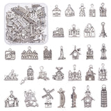 60pcs 30 Style Zinc Alloy Pendants Set, Architecture Series, Mix-shaped, Antique Silver, Antique Silver, 2pcs/style