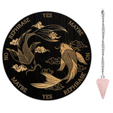 1Pc Cone/Spike/Pendulum Natural Rose Quartz Stone Pendants, 1Pc 304 Stainless Steel Cable Chain Necklaces, 1Pc PVC Custom Pendulum Board, Dowsing Divination Board, Pisces Pattern, Board: 200x4mm