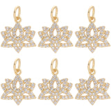 6Pcs Brass Micro Pave Clear Cubic Zirconia Charms, Cadmium Free & Lead Free, Lotus Charm, Real 18K Gold Plated, 13x12x2.5mm, Hole: 3.5mm