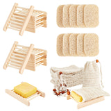 Beauty Soap Accessories, including 10Pcs Natural Wooden Soap Case Holder, 10Pcs PVC Soap Saver Pads and 10Pcs Ramie Soap Bag, Mixed Color, 118~145x76~95x4~17mm