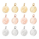 18Pcs 3 Colors 304 Stainless Steel Charms, Flat Round with Tai Ji, Mixed Color, 14x12x1mm, Hole: 2.5mm, 6pcs/color