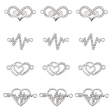 40Pcs 4 Styles Heart Theme Alloy Rhinestone & Cubic Zirconia Connector Charms, Mixed Shapes, Antique Silver & Platinum, 12.5~29.5x15.5~28x1.5~2.5mm, Hole: 1.4~1.6mm, 10pcs/style