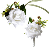 2Pcs 2 Style Cloth Flower Boutonniere Brooch, with Silk Cloth Imitation Rose Wrist Corsages, for Wedding Party, White, 102~764x10~85mm, 1pc/style