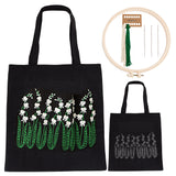 DIY Ethnic Style Embroidery Black Canvas Bags Kits, Including Plastic Imitation Bamboo Embroidery Hoop, Needle, Threads, Fabric, May Lily of the Valley, 640mm