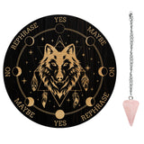1Pc PVC Plastic Pendulum Board, with 1Pc Natural Rose Quartz Stone Pendants, and 1Pc 304 Stainless Steel Cable Chain, for Witchcraft Wiccan Altar Supplies, Wolf Pattern, Board: 200x4mm