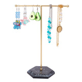 Golden Tone T Bar Iron Earring Displays Stands, with Marble Stone Base, Jewelry Display Rack, Jewelry Tree Stand for Earring, Ring, Necklace, Bracelet Storage, Black, Finished Product: 9.1x10.5x25.8cm