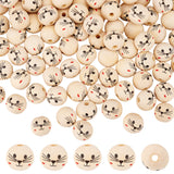 100Pcs Printed Wood European Beads, Large Hole Bead, Round with Cat Face Pattern, Cornsilk, 19x18mm, Hole: 4.7mm