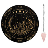 1Pc Wood Pendulum Board, 1Pc 304 Stainless Steel Cable Chain Necklaces, 1Pc Natural Rose Quartz Stone Pendants, for Witchcraft Wiccan Altar Supplies, Flower Pattern, Board: 200x4mm