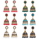 6 Pairs 6 Colors Ethnic Style 3D Enamel Bell with Seed Beeded Dangle Stud Earrings, Golden Alloy Long Drop Earring for Women, Mixed Color, 50mm, Pin: 0.7mm, 1 Pair/color