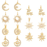 14Pcs 7 Style Brass Micro Pave Clear Cubic Zirconia Pendants, Moon with Star & Flower & Sun & Moon & Star, Real 18K Gold Plated, 19.5x17.5x3.4mm, Hole: 3.5x4.5mm, 2pcs/style