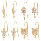 8Pcs 4 Style Brass Micro Pave Cubic Zirconia Earring Hooks, for Half Drilled Beads, Long-Lasting Plated, Oval & Flower & Tree & Butterfly, Real 18K Gold Plated, 24~25mm, 21 Gauge, Pin: 0.7mm, 2pcs/style