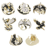 7Pcs 7 Style Dragon & Cat & Bird & Fox Enamel Pin, Light Gold Alloy Animal Badges for Clothes Backpack, Black, 26.5~30.5x27~32x1.5mm, 1Pc/style