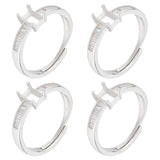 4Pcs Adjustable Brass Pad Ring Settings, with Clear Cubic Zirconia, Prong Ring Settings, 925 Sterling Silver Plated, Inner Diameter: 17.8mm, Tray: 4.5x3mm