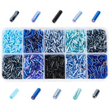 10 Style Glass Bugle Beads, Round & Twist Bugle, Transparent & Opaque & Silver Lined & Baking Paint & Pearl Luster Plated, Blue, 3~8x1.5~2mm, Hole: 0.5~0.8mm