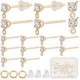 60Pcs Brass Stud Earring Findings, with Clear Cubic Zirconia & Horizontal Loops, with 60Pcs Open Jump Rings & 100Pcs Plastic Ear Nuts, Real 18K Gold Plated, 5.5x3mm, Hole: 0.8mm, Pin: 0.7mm