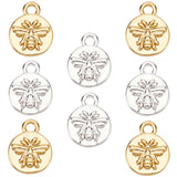 8Pcs 2 Colors Brass Charms, Flat Round with Bee, Mixed Color, 10~14x8~14x1.5~2mm, Hole: 1~3.5mm, 4pcs/color