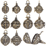 10Pcs 5 Style Round Brass Hollow Cage Pendants, For Chime Ball Pendant Necklaces Making, Antique Bronze, 27~33x23~29x20~25mm, 2pcs/style