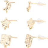 18Pcs 3 Style Brass Cubic Zirconia Stud Earring Findings with Loop, with 40Pcs Plastic Ear Nuts, Moon & Star & Square, Real 18K Gold Plated, 7~8.5x5~6.5mm, hole: 0.5~0.7mm, Pin: 0.7mm, 6pcs/style