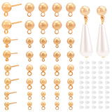 40Pcs 4 Size Rack Plating Brass Ball Stud Earring Post, with Horizontal Loops and 50Pcs Plastic Ear Nuts, Light Gold, 6.5~10x3~6mm, Hole: 1.2~1.4mm, Pin: 0.7mm, 10Pcs/size