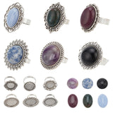 DIY Gemstone Finger Ring Making Kit, Including Flat Round & Oval & Flower Adjustable Alloy Ring Settings, Natural & Synthetic Mixed Stone Cabochons, Antique Silver, 12Pcs/bag